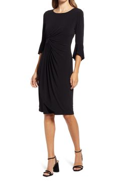 Step into the social season with confidence in this faux-wrap dress made from soft, stretchy jersey with side ruching and abbreviated sleeves. 40" length (size 8) Slips on over head Ballet neck Three-quarter sleeves Unlined 96% polyester, 4% spandex Machine wash, tumble dry Imported Macys Dresses, Cocktail Dress Nordstrom, Cocktail Dresses With Sleeves, Long Sleeve Chiffon Dress, Black Pencil Dress, Dress Knit, Sleeves Style, Dress The Population, Office Dresses