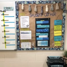 a bulletin board with some tassels hanging on it's side in a classroom