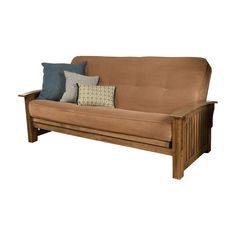 a brown futon couch with two pillows on it's back and one arm