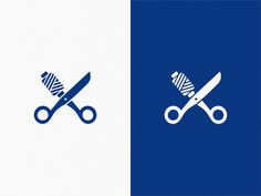 a pair of scissors and a comb are on the same side of a blue and white background