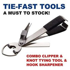 a pair of scissors with the words tie - fast tools must to stock combo clipper and knot tying tool hook sharpener