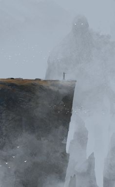 a man standing on top of a cliff in the middle of foggy mountains with a bird flying over him