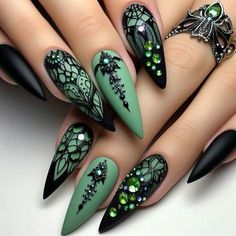 Black And Green Gothic Wedding, Wensday Nails, Hunter Green Fall Nails, Gothic Fairy Nails, Black Purple Green Nails, Gothic Green Nails, Gothic Cathedral Nails, Emerald Green And Grey Wedding, Green Gothic Nails