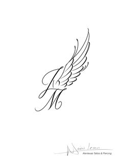 a drawing of an angel wing with the letter f on it's left side