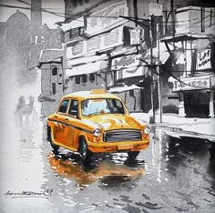 a painting of a yellow taxi cab in the rain