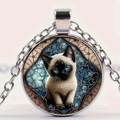 New In Package! Silver Siamese Kitty Cat Kitten Glass Cabochon Pendant Necklace 17.7" (+ 1.96") Silver Chain Lightning Fast Shipping! Diy Jewelry Gifts, Cat Pendant Necklace, Adorable Kitten, Mens Jewelry Necklace, How To Trim Eyebrows, Cabochon Pendant, Gift For Men