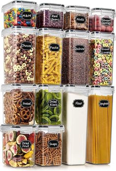 a stack of plastic containers filled with different types of cereals and pastasticks