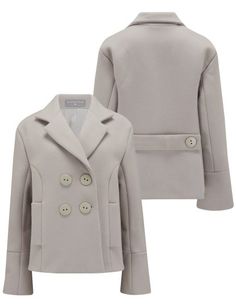 a women's coat with buttons on the front and back, in light grey