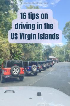 Jeeps lined up at a beach parking lot in St. John USVI St Thomas Virgin Islands Itinerary, St Thomas Virgin Islands Outfits, Road Trip Camping