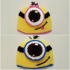 two crocheted hats with eyes on them, one is yellow and the other is blue