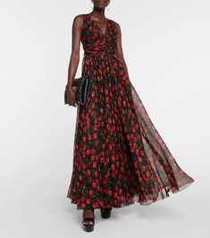 Cherry Silk Chiffon Gown in Black - Dolce Gabbana | Mytheresa Silk Chiffon V-neck Dress For Gala, Luxury Red Silk Chiffon Dress, Dolce And Gabbana Floral Dress, Dolce And Gabbana Cherry Dress, Dolce And Gabbana Crystal Dress, Dolce And Gabbana Black Lace Dress, Black Print Dress, Chiffon Flower, Cherry Print