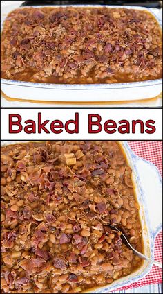 baked beans in a casserole dish before and after baking