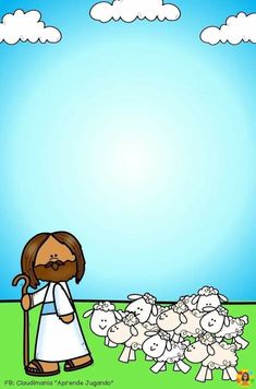 jesus walking with his flock of sheep in front of a blue sky and white clouds