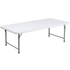 a white rectangular table sitting on top of a metal frame chair leg set in front of a white background