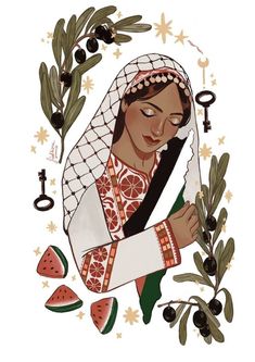 an illustration of a woman in traditional dress with olives and watermelon leaves