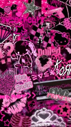 pink and black wallpaper with lots of stickers