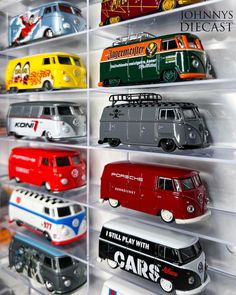 a display case filled with lots of different types of toy cars