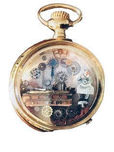 an antique pocket watch with various items inside it