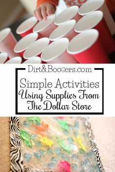 a collage of simple activities using supplies from the dollar store for toddlers to play with