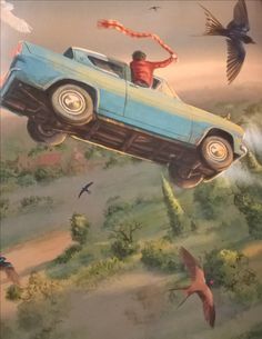 a painting of a man on top of a car in the air with birds flying around