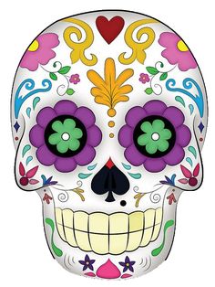 an image of a sugar skull with flowers on it's face, and the caption