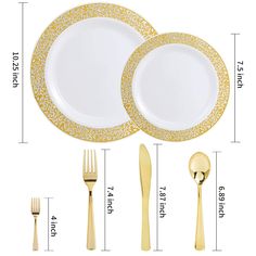 two white plates with gold trim, one has a fork and the other has an empty plate