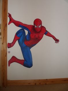 Spiderman mural Spiderman Wall Drawing, Cartoon Painting On Wall, Cartoon Wall Painting Ideas Bedroom, Spiderman Wall Painting, Wall Drawing Ideas Bedroom, Spiderman Mural, Drawing Ideas Spiderman, Spiderman Prints, Drawing On Wall