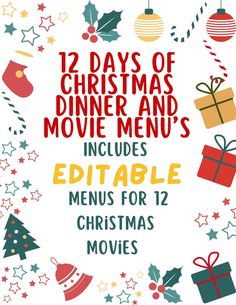 twelve days of christmas dinner and movie menus including editable menus for 12 christmas movies