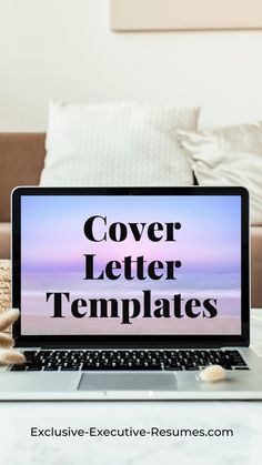 a laptop with the words cover letter templates on it sitting on a table in front of a couch