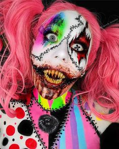 Gore Clown Makeup, Creepy Doll Makeup Halloween, Clown Sfx Makeup, Creepy Halloween Makeup Ideas, Scary Clown Makeup Creepy, Clown Makeup Scary, Horror Clown Makeup, Dolly Costumes, Killer Clown Makeup