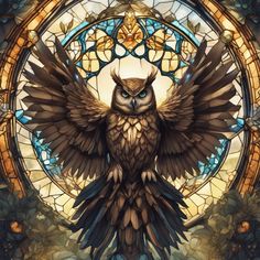 an owl sitting on top of a stained glass window