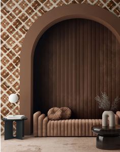 a living room filled with furniture and walls covered in brown wall coverings next to two tables