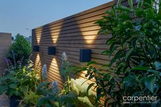 an outdoor garden area with various plants and lights on the side of the building,