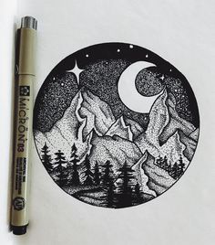 a drawing of mountains and trees with the moon in the sky above them on paper