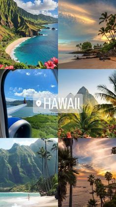 the hawaiian island with palm trees and mountains in the background is featured on this collage