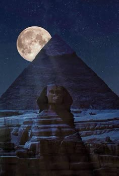 an image of the great sphinx in front of the pyramids at night with a full moon behind it