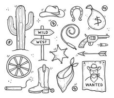 the wild west symbols are drawn in black and white