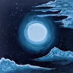 Gouache painting of a full moon with a blue glow and surrounded by clouds. Moonscapes Painting, Blue Theme Painting, Moon With Clouds Painting, Art Moon Paintings, Space Painting Aesthetic, Stuff To Paint On A Black Canvas, Night Sky Moon Painting, Moon Aesthetic Illustration, Moon Water Painting