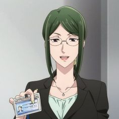 a woman with green hair and glasses holding a clipboard in her right hand while looking at the camera