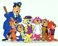 an image of a group of cartoon cats posing for the camera with a man holding a baseball bat