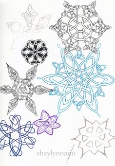 three different colored designs on white paper