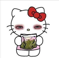 a drawing of a hello kitty holding a bag of green leaves in it's hands