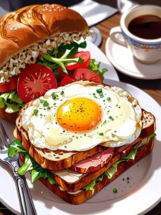 the sandwich has an egg on it and is next to a cup of coffee