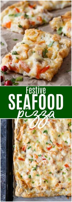 several different types of food are shown in this collage with the words festive seafood pizza