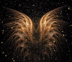 an abstract image of gold wings against a black background with yellow and white speckles