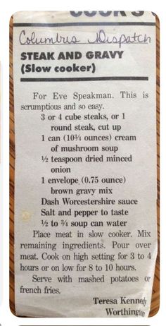 a recipe for steak and gravy on a table