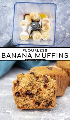 banana muffins in a blender with text overlay