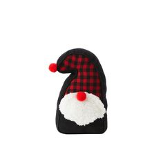 a black and red santa claus hat with pom - poms on the side