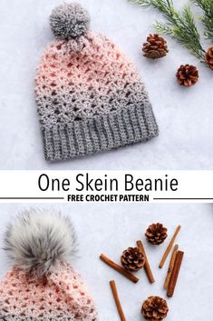 one skein beanie crochet pattern with pine cones and cinnamon sticks next to it