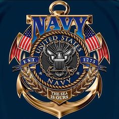 the navy emblem with an american flag on it